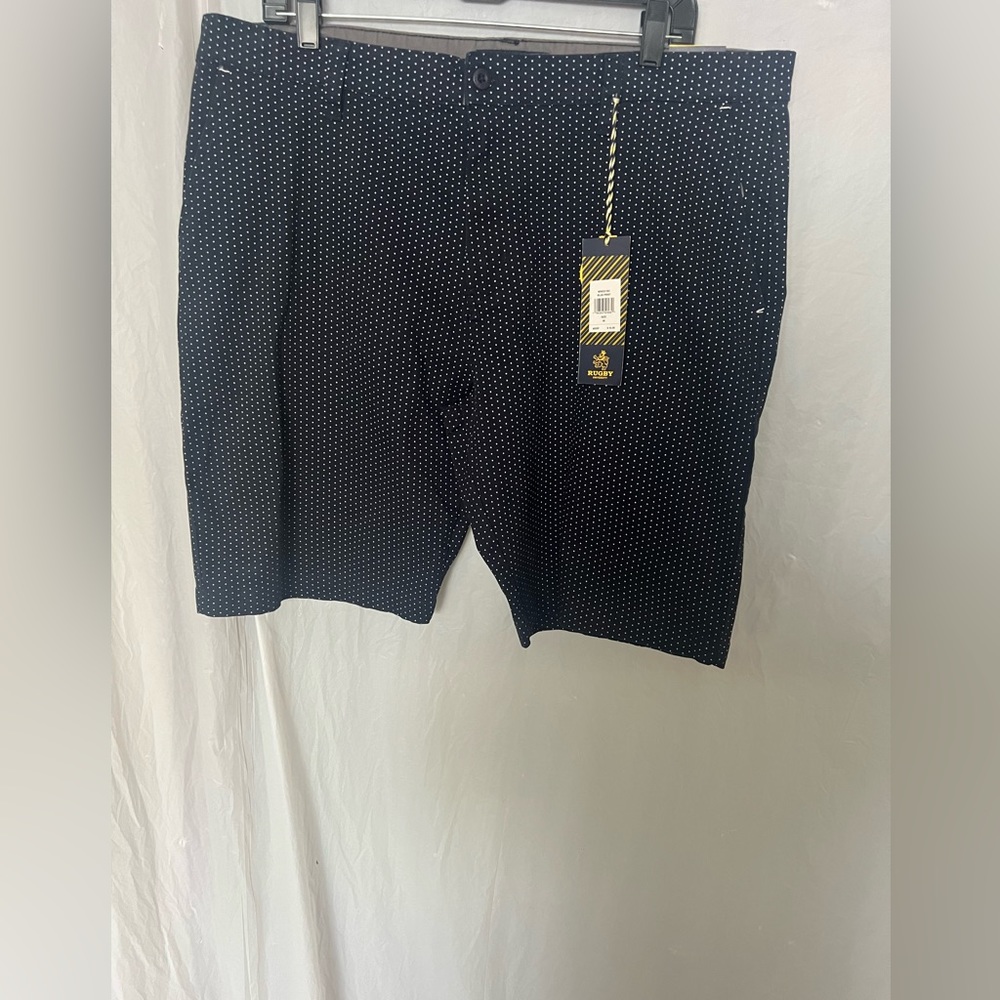 Rugby University NWT men Bermuda style shorts navy blue white dots 38W